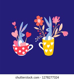 Set of holiday illustrations. Cute bunny in a cup. Rabbit in a mug with flowers and hearts. Hare with a bouquet of flowers. Greeting card. Great for Easter and Valentine's Day. Festive illustration.