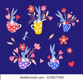 Set of holiday illustrations. Cute bunny in a cup. Rabbit in a mug with hearts. Hare in a tea cup and dragonfly. Greeting card. Great for Easter and Valentine's Day. Funny card.