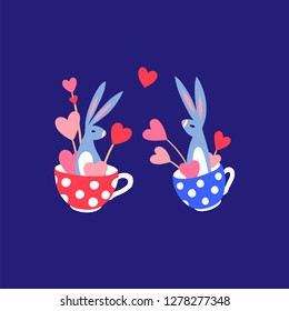 Set of holiday illustrations. Cute bunny in a cup. Rabbit in a mug with flowers and hearts. Hare with a bouquet of flowers. Greeting card. Great for Easter and Valentine's Day. Festive illustration.