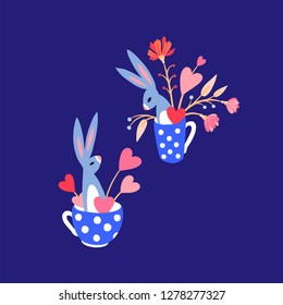 Set of holiday illustrations. Cute little bunny in a cup. Rabbit in a mug with flowers and hearts. Hare with a bouquet of flowers. Greeting card. Great for Easter and Valentine's Day. 