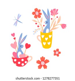 Set of holiday illustrations. Little bunny in a cup. Rabbit in a mug with hearts. Hare in a tea cup and dragonfly. Greeting card. Great for Easter and Valentine's Day.
