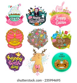 Set of holiday illustrations - Merry Christmas,  Halloween,  Easter, Happy Diwali,  Birthday,  Valentine's day. Back to school character. Doodle hand drawn dream bubble with cats.