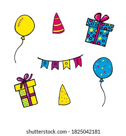 A set of holiday items for decorating birthday, children's parties and parties. Balloons, gift boxes, garlands.