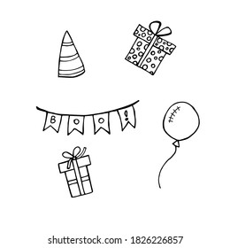 A set of holiday items for decorating birthday, children's parties and parties. Balloons, gift boxes, garlands.