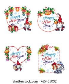 Set of holiday labels with Christmas decorations, funny gnomes and greeting text "Happy New Year!". Vector clip art.