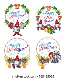 Set of holiday labels with Christmas decorations, funny gnomes and greeting text "Happy New Year!". Vector clip art.
