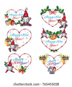 Set of holiday labels with Christmas decorations, funny gnomes and greeting text "Happy New Year!". Vector clip art.