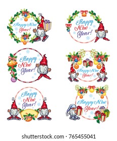 Set of holiday labels with Christmas decorations, funny gnomes and greeting text "Happy New Year!". Vector clip art.