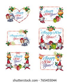 Set of holiday labels with Christmas decorations, funny gnomes and greeting text "Happy New Year!". Vector clip art.