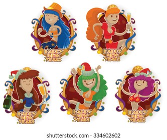 Set of Holiday labels with cute cartoon girls dancing in a club and celebrating of Happy New Year, vector