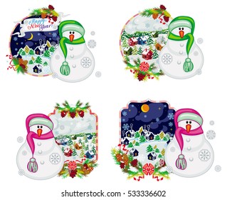 Set of holiday labels with happy snowman in funny hat and scarf. Winter village landscape. New Year decoration. Vector clip art.