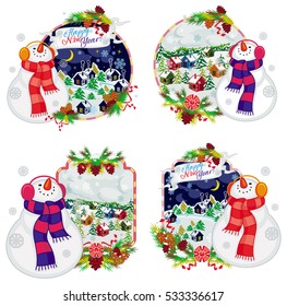 Set of holiday labels with happy snowman in funny hat and scarf. Winter village landscape. New Year decoration. Vector clip art.