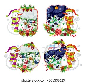Set of holiday labels with happy snowman in funny hat and scarf. Winter village landscape. New Year decoration. Vector clip art.