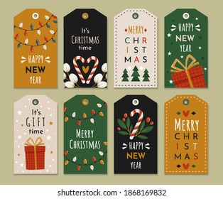 Set of holiday labels with New Year greetings.