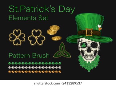 Set of holiday objects for St Patricks day. Jewelry charms clover, shamrock, triskele, golden coins. Human skull in tall top hat. Bead string pattern brush. Traditional colors of Ireland.