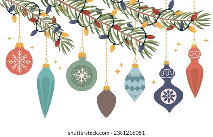 Set of holiday ornaments. Collection of beautiful glass balls and decorations for Christmas tree.