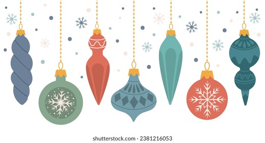 Set of holiday ornaments. Collection of beautiful glass balls and decorations for Christmas tree.