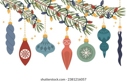 Set of holiday ornaments. Collection of beautiful glass balls and decorations for Christmas tree.