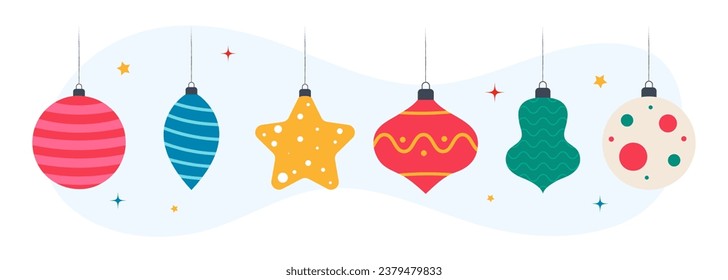 Set of holiday ornaments. Cute Christmas and winter hanging decorations. Colorful vector banner illustration.