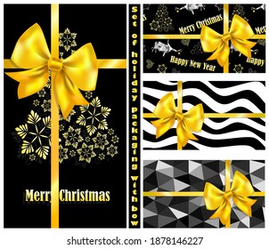 Paket mit einer goldenen Schleife für Modedrucke, Grußkarten für Weihnachten, Neujahr, Geburtstag. Vektorgrafik.