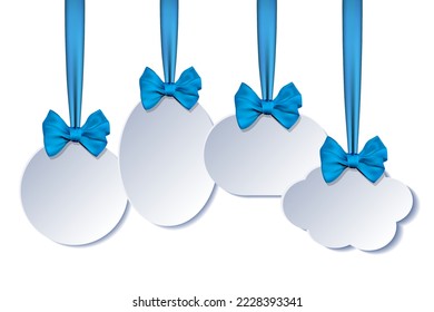 Set of Holiday paper label like Christmas balls, hanging on blue ribbon with bow. Vector illustration isolated on white background