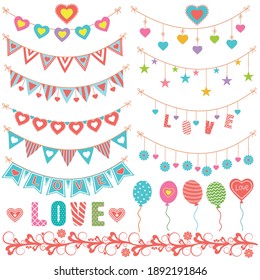 Set of holiday paraphernalia, vintage garlands paper flags and hearts, balloons, for decorating greeting cards and scrapbooking, banner design, banner, lettering