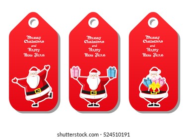Set of  holiday pattern for label Merry Christmas and Happy New Year type with figurines funny Santa Claus different poses isolated on white background. Cartoon style. Vector illustration