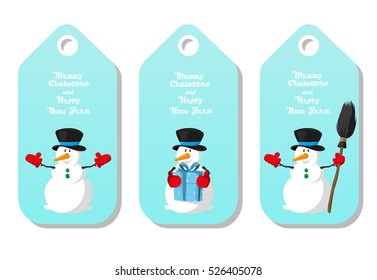 Set of  holiday pattern for label Merry Christmas and Happy New Year type with figurines funny Snowman different poses isolated on white background. Cartoon style. Vector illustration
