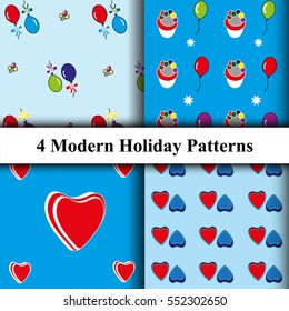 Set of Holiday Patterns with Hearts and Balloons on Blue Background. Vector Template Flat Design