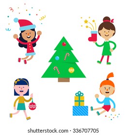 Set of holiday people - happy little girls in New Year costumes, Christmas tree, gifts, Christmas balls, Christmas stocking. Vector illustration flat design.