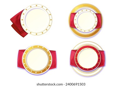 Set Holiday plate, bright empty dish top view with golden stars, border ornament Christmas decoration, festive napkin in cartoon style isolated on white background.