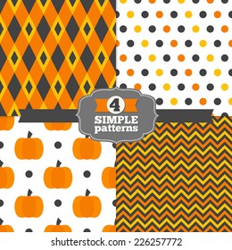 Set of Holiday Polka Dot and Chevron Patterns and Geometric Patterns with Rhombus and Pumpkins in Grey, Orange, Yellow and White. Perfect for Halloween and Thanksgiving Day