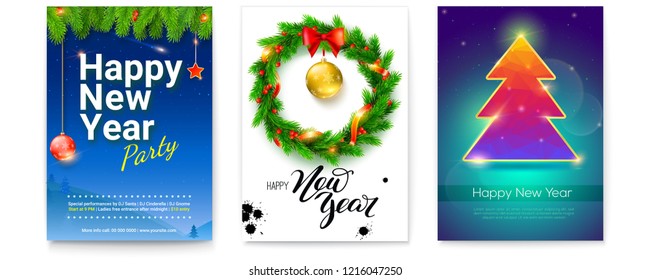 Set of holiday posters for Happy New Year events. Covers with golden, Christmas toys, wreath of fir branches. Cards with calligraphic text and Christmas tree. Vector illustration for holidays, eps 10