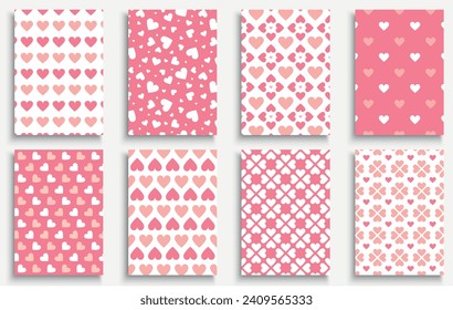 Set of holiday posters, invitation with cute hearts print. Romantic covers, templates, placards, brochures, banners, flyers - 14 February patterns