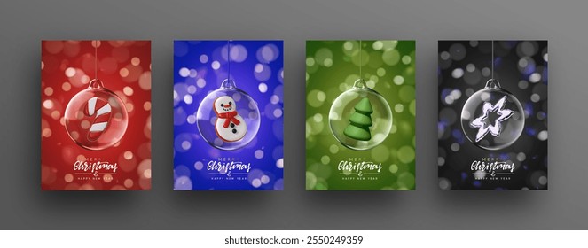 Set of holiday posters Merry Christmas and Happy New Year bright background. Hanging Elegant glass Christmas ornament inside decorative tree, candy cane, snowman and snowflake. Vector illustration