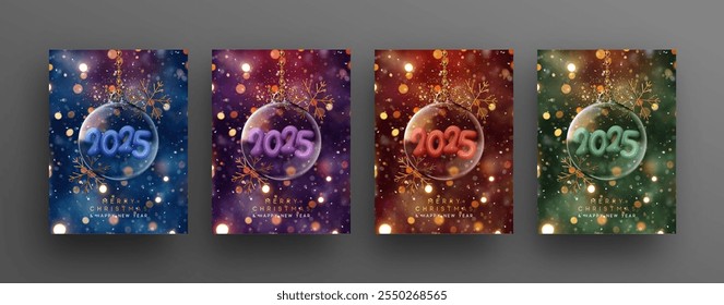 Conjunto de carteles de vacaciones Feliz Navidades y feliz año Nuevo fondo oscuro. Elegante adorno de Navidades de vidrio dentro del número 2025 con copos de nieve dorados, brillantes luces bokeh. Ilustración vectorial