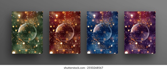 Set of holiday posters Merry Christmas and Happy New Year dark bright background. Hanging Elegant empty glass Christmas ornament with golden snowflakes, shimmering bokeh lights. Vector illustration