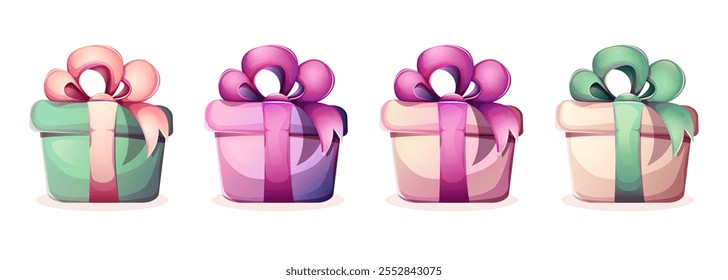 Set of holiday present boxes with large bows. Gift box in colour paper with ribbon on white background. Cartoon vector illustration of Christmas, anniversary, birthday, valentines, wedding gift box