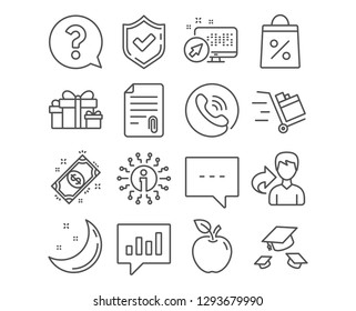 Set of Holiday presents, Blog and Question mark icons. Attachment, Throw hats and Push cart signs. Payment, Shopping bag and Analytical chat symbols. Gift boxes, Chat message, Help support. Vector
