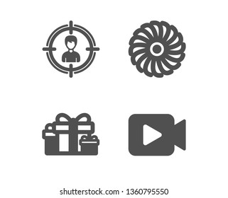 Set of Holiday presents, Fan engine and Headhunting icons. Video camera sign. Gift boxes, Ventilator, Person in target. Movie or cinema.  Classic design holiday presents icon. Flat design. Vector