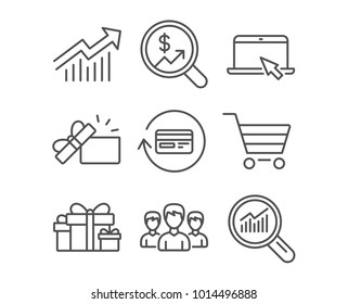 Set of Holiday presents, Opened gift and Portable computer icons. Group, Refund commission and Market sale signs. Demand curve, Currency audit and Data analysis symbols. Gift boxes. Present box