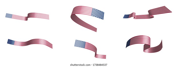 Set of holiday ribbons. American flag waving in the wind. Separation into lower and upper layers. Design element. Vector on a white background