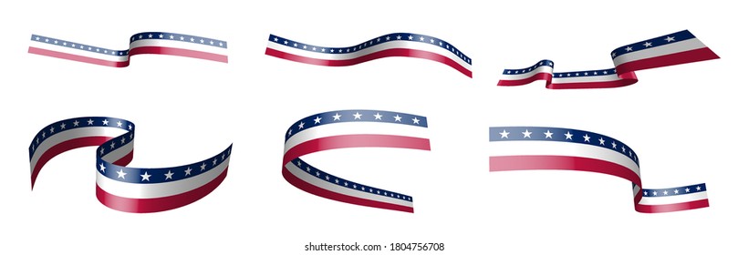 Set of holiday ribbons. American flag waving in wind. Separation into lower and upper layers. Design element. Vector on white background