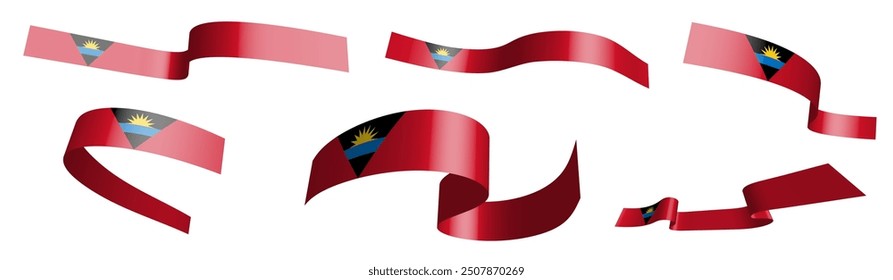 Set of holiday ribbons. Antigua and Barbuda flag waving in wind. Separation into lower and upper layers. Design element. Vector on white background