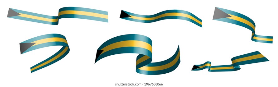Set of holiday ribbons. Bahamas flag waving in wind. Separation into lower and upper layers. Design element. Vector on white background
