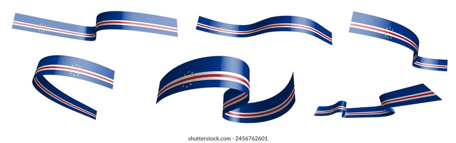 Set of holiday ribbons. Cape Verde flag waving in wind. Separation into lower and upper layers. Design element. Vector on white background