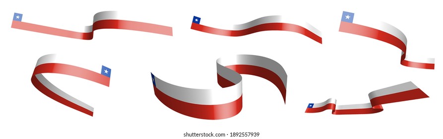 Set of holiday ribbons. Chile flag waving in wind. Separation into lower and upper layers. Design element. Vector on white background