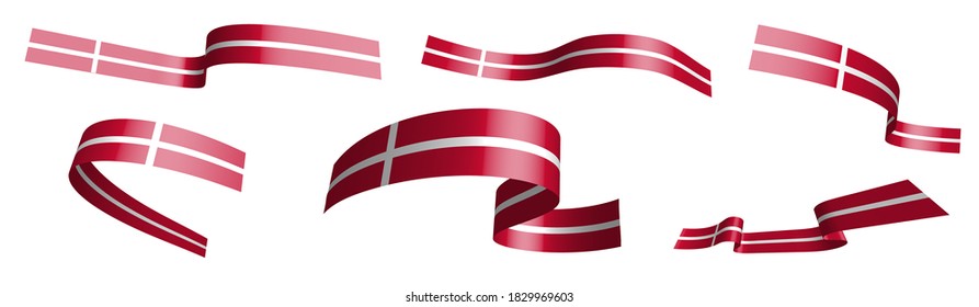 Set of holiday ribbons. Denmark flag waving in wind. Separation into lower and upper layers. Design element. Vector on white background