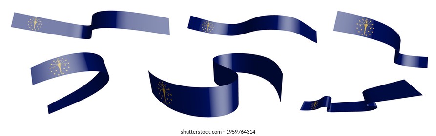 Set of holiday ribbons. Flag of american state of Indiana waving in wind. Separation into lower and upper layers. Design element. Vector on white background