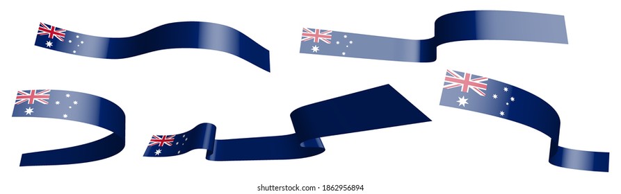 Set of holiday ribbons. Flag of Australia waving in wind. Separation into lower and upper layers. Design element. Vector on white background